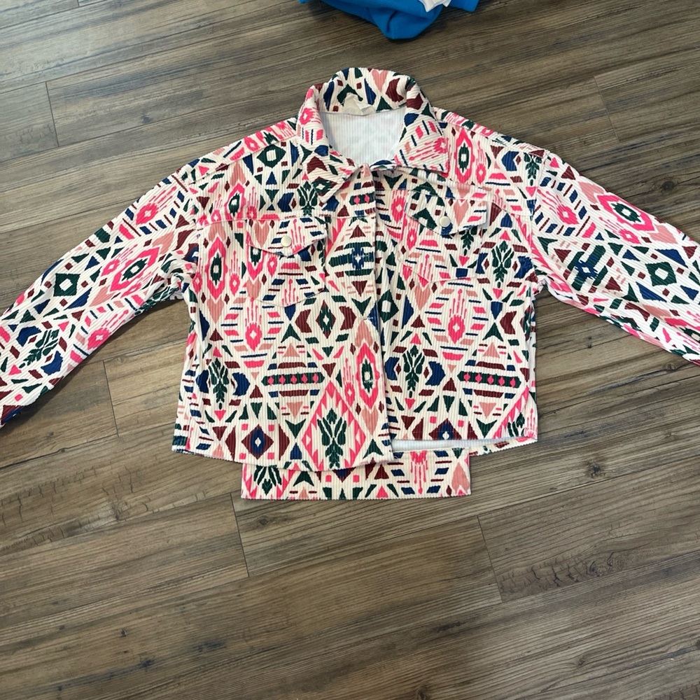 Savanna Jane Vibrant Blue and Cream Jacket Tribal print Large